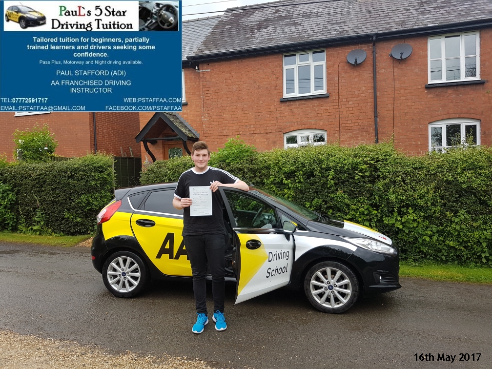 First time test pass pupil Jack Badham with Pauls 5 star driving tuition in hereford